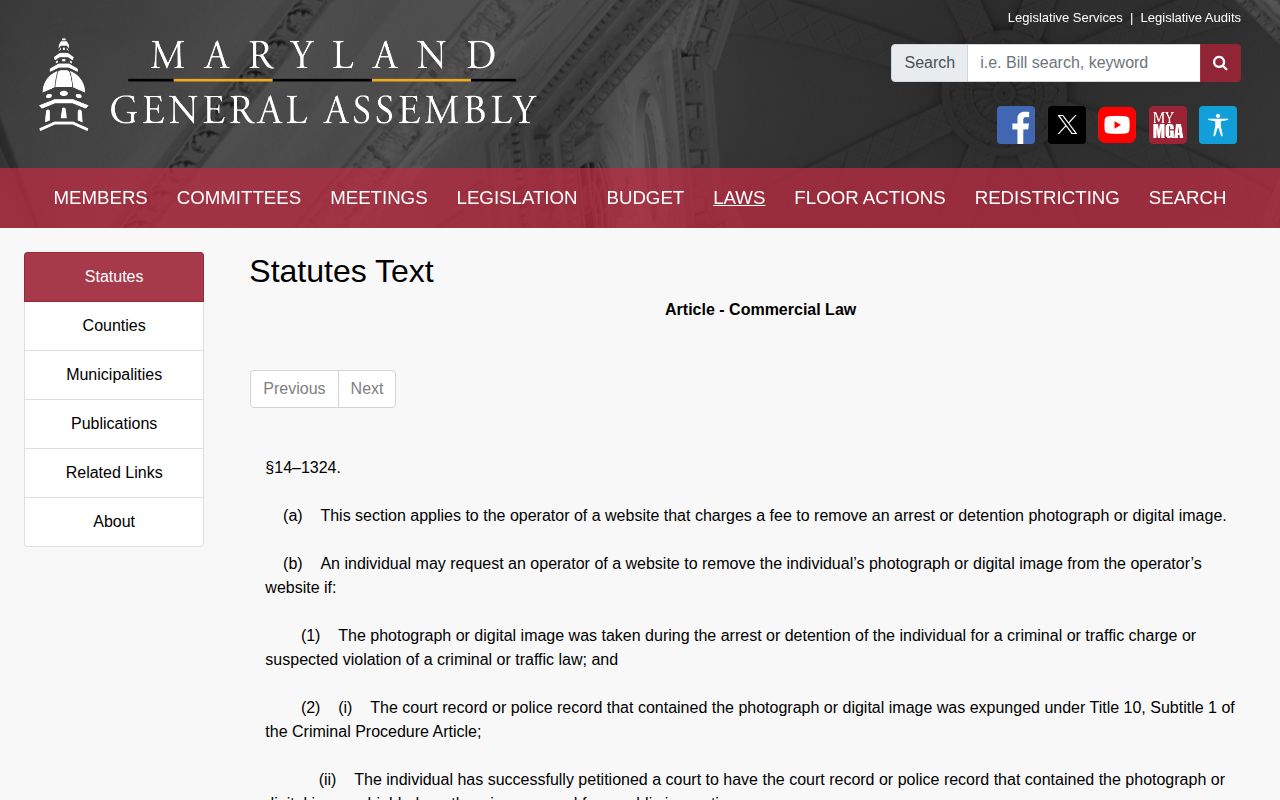 Maryland Commercial Law 14-1324 statute page