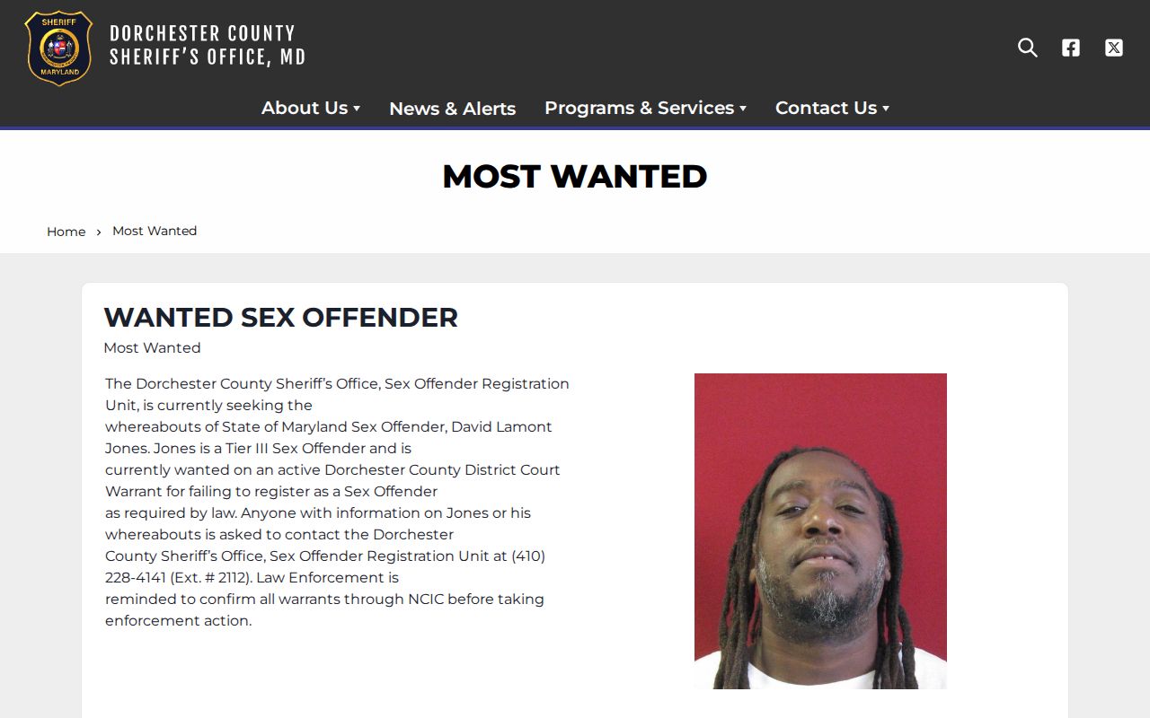 Dorchester County Sheriff's Most Wanted official notice interface
