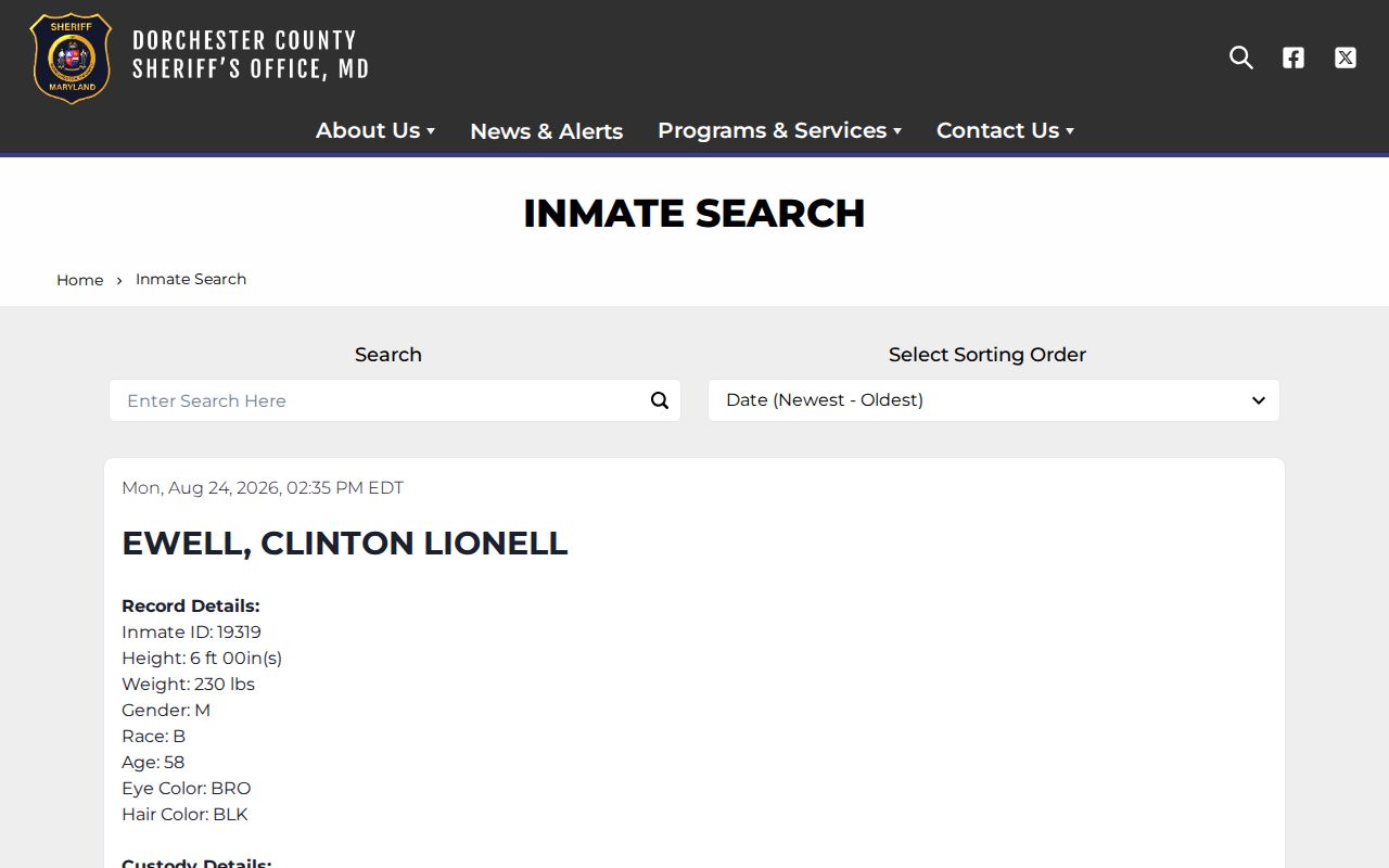 Official Dorchester County inmate search interface