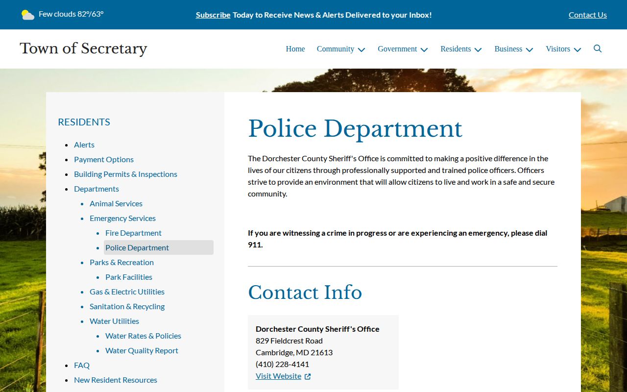 Town of Secretary official police service page identifying DCSO
